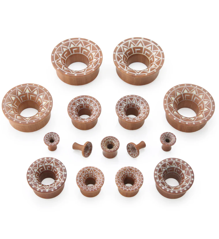 Saba Wood Mayan Flare Tunnels With Tribal Inlay - Mrs Treak