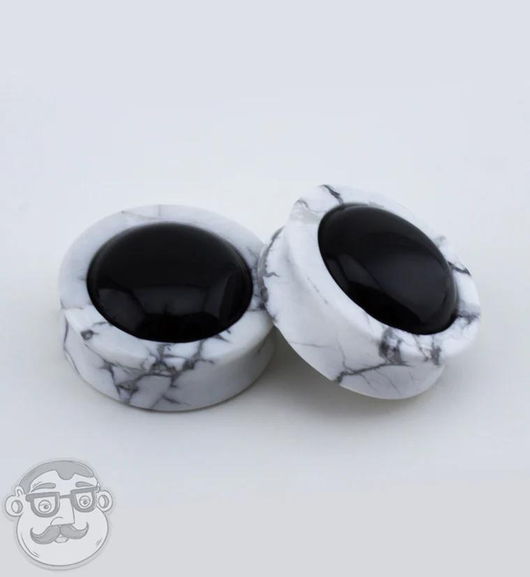 White Howlite Stone Plugs with Obsidian Stone Inlay - Mrs Treak