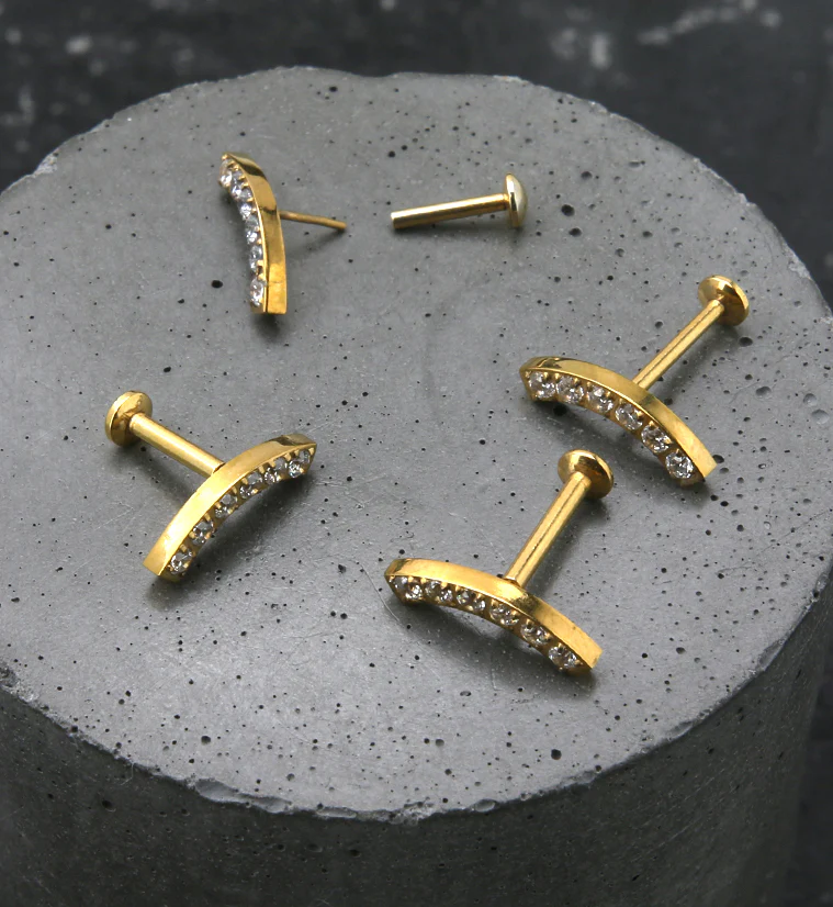Gold PVD Camber CZ Stainless Steel Convex Back Threadless Labret - Mrs Treak
