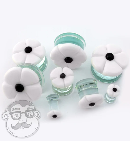 White Flower Glass Plugs - Mrs Treak