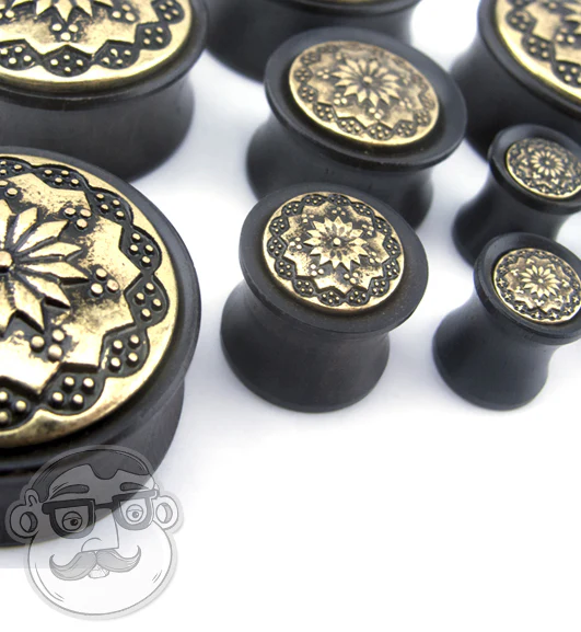 Ebony Wood Plugs With Brass Tribal Blossom Inlay - Mrs Treak