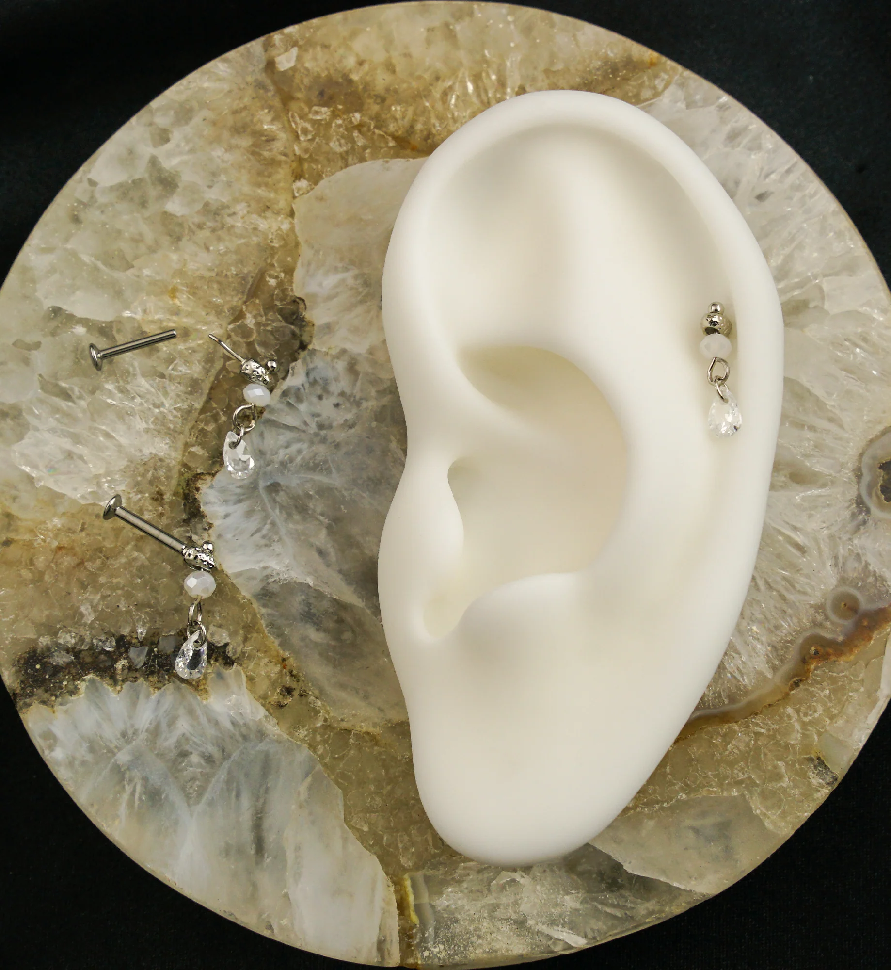 Faceted Bead Teardrop CZ Dangle Stainless Steel Convex Disc Threadless Labret - Mrs Treak