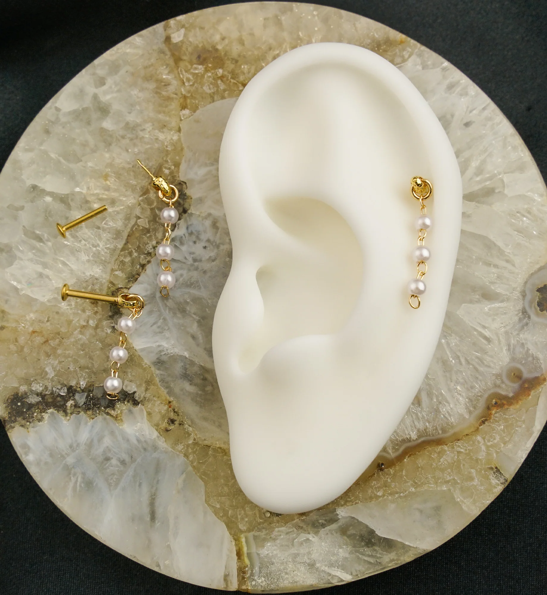 Gold PVD Triple Pearl Dangle Stainless Steel Convex Disc Threadless Labret - Mrs Treak