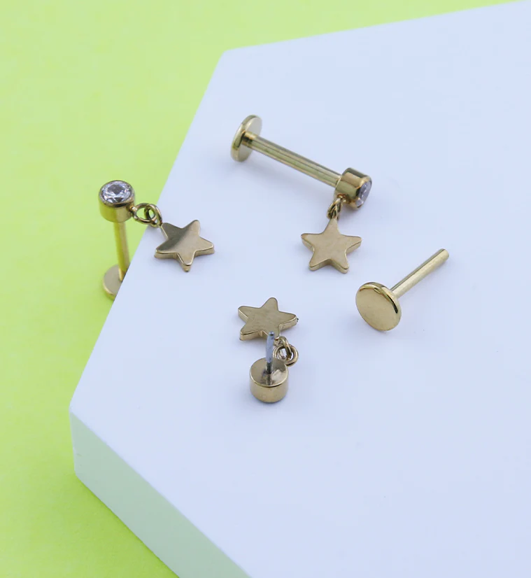 Gold PVD Star Dangle Clear CZ Titanium Threadless Labret - Mrs Treak