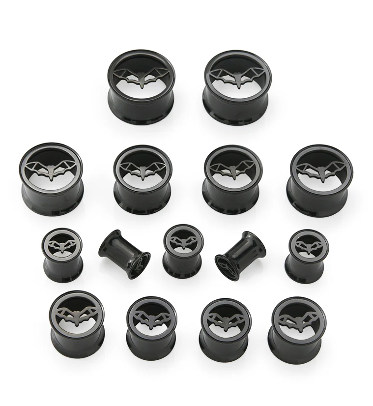 Black PVD Bat Sign Stainless Steel Double Flare Tunnel Plugs - Mrs Treak