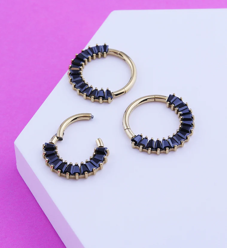 Gold PVD Strand Black CZ Hinged Segment Ring - Mrs Treak