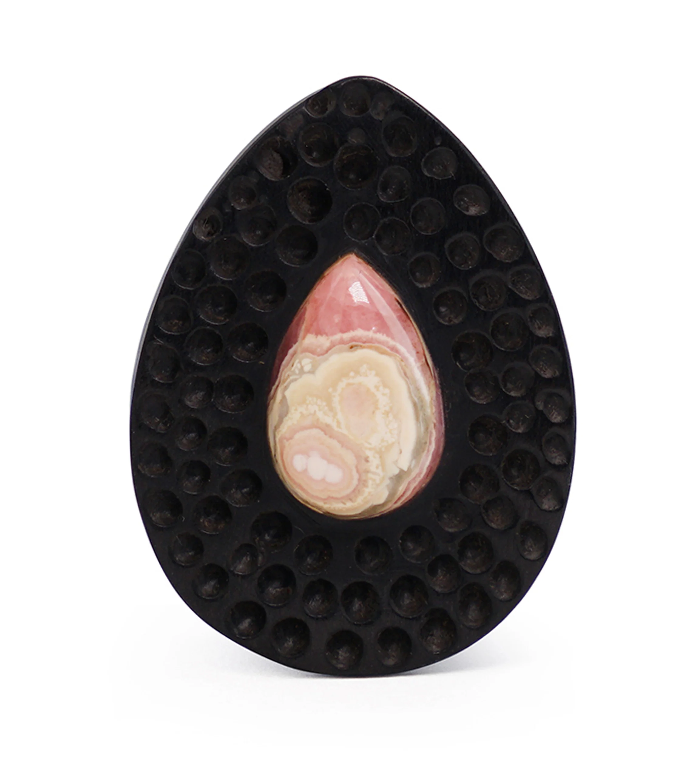 Hammered Areng Wood Teardrop Plugs with Teardrop Rhodochrosite Stone Inlay - Mrs Treak