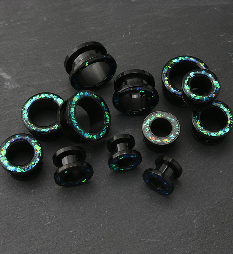 Black PVD Glitter Green Opalite Stainless Steel Screw Back Tunnels - Mrs Treak