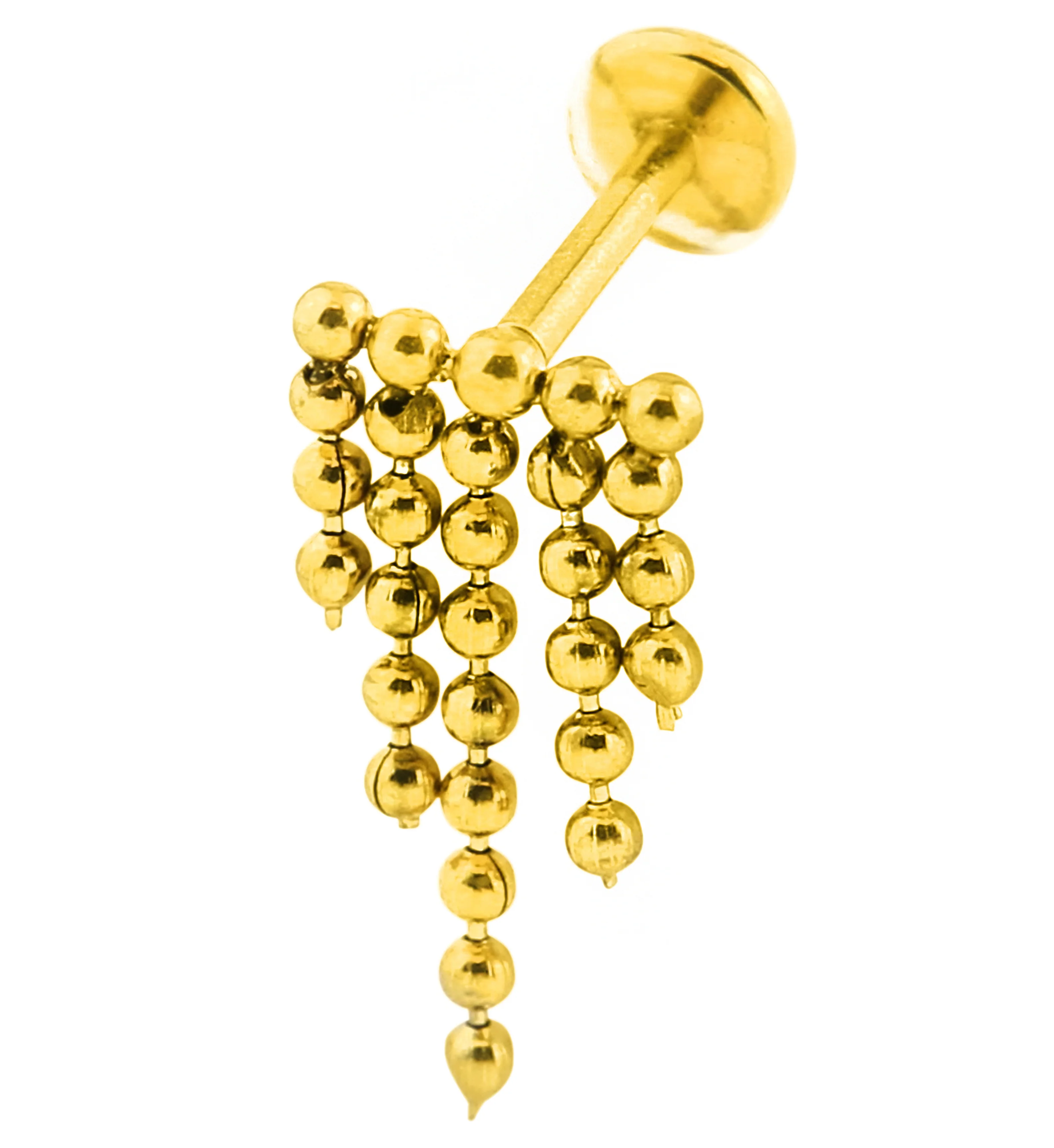 Gold PVD Descend Quinate Beaded Dangle Internally Threaded Stainless Steel Labret - Mrs Treak