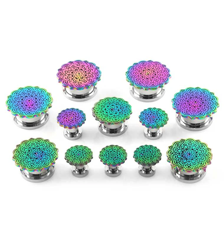 Rainbow Mandala Flower Top Stainless Steel Plugs - Mrs Treak