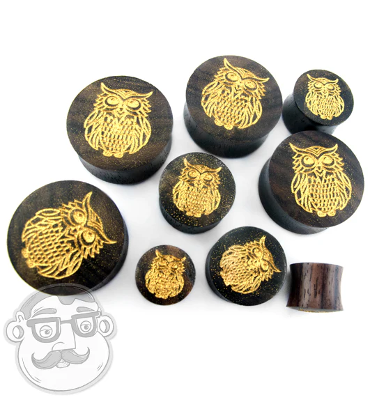 Engraved Golden Owl Sono Wood Plugs - Mrs Treak