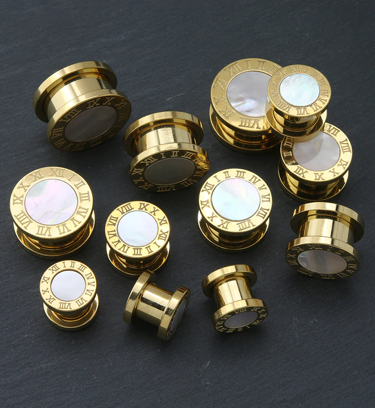 Gold PVD Roman Numeral MOP Stainless Steel Tunnels - Mrs Treak
