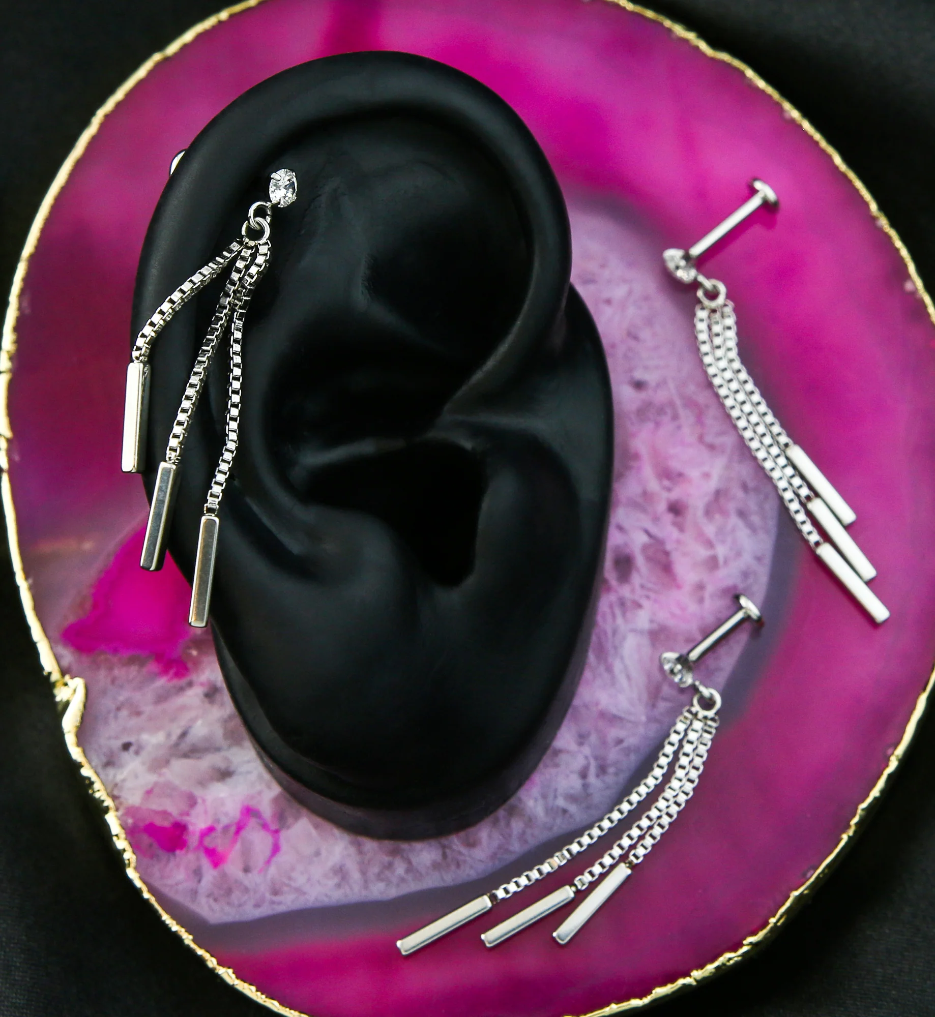 Triple Dangle Clear CZ Stainless Steel Internally Threaded Labret - Mrs Treak