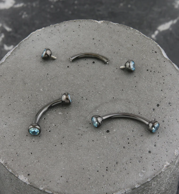 Black PVD Titanium Double Bezel Aqua CZ Internally Threaded Curved Barbell - Mrs Treak