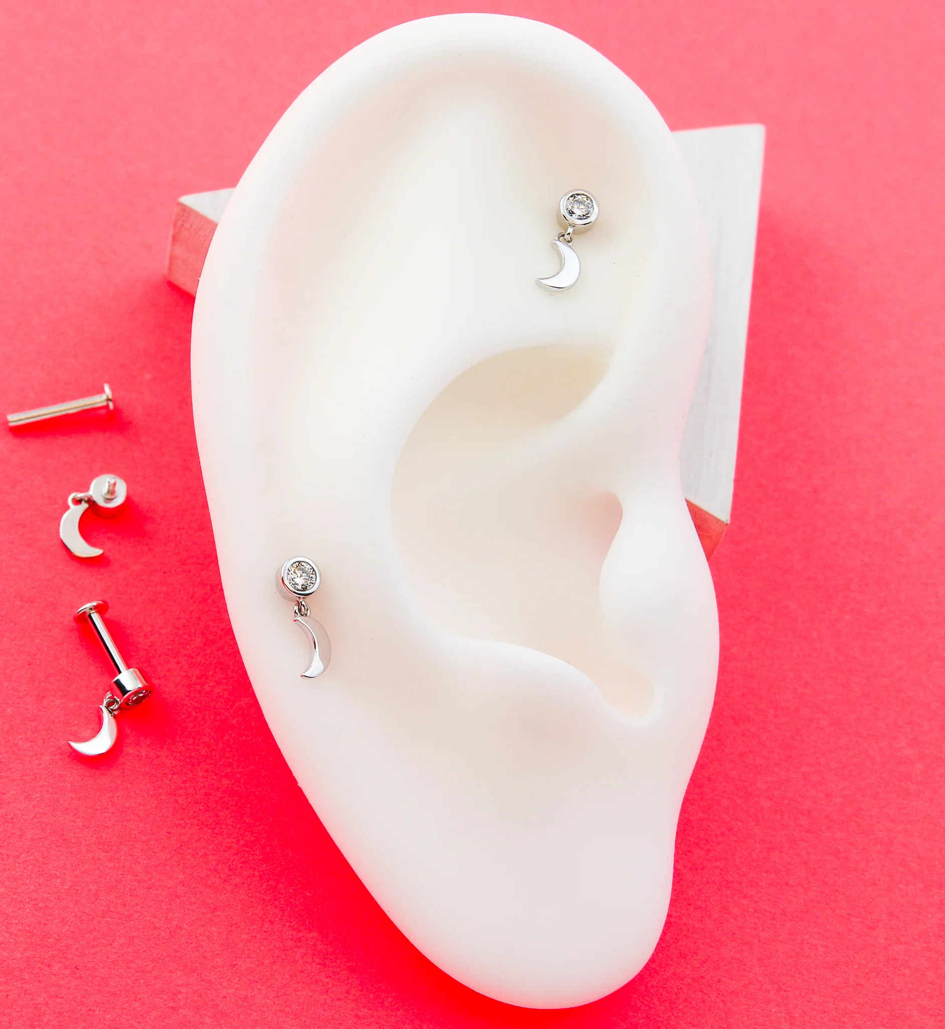 14kt White Gold Dangle Half Moon Clear CZ Internally Threaded Labret - Mrs Treak