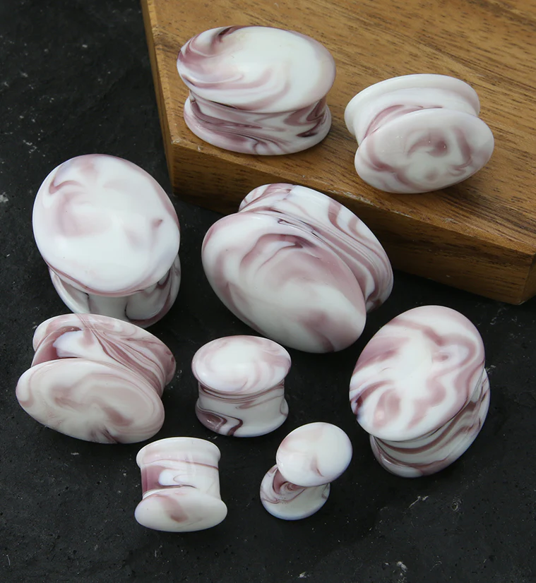 Oval Hazy Purple White Glass Double Flare Plugs - Mrs Treak