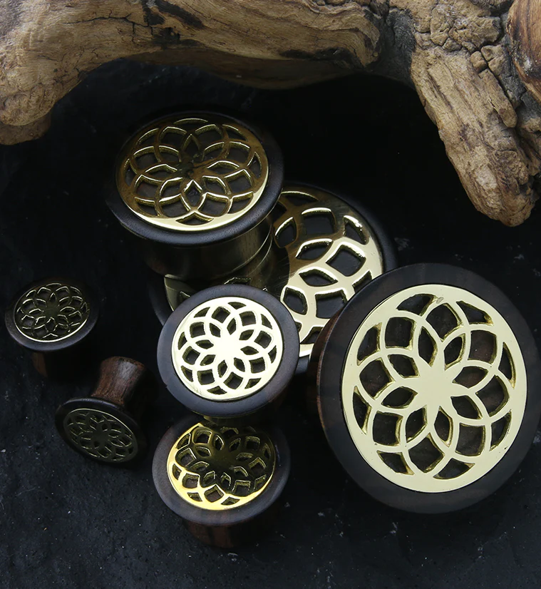 Seed of Life Brass Areng Wood Mayan Flare Plugs - Mrs Treak