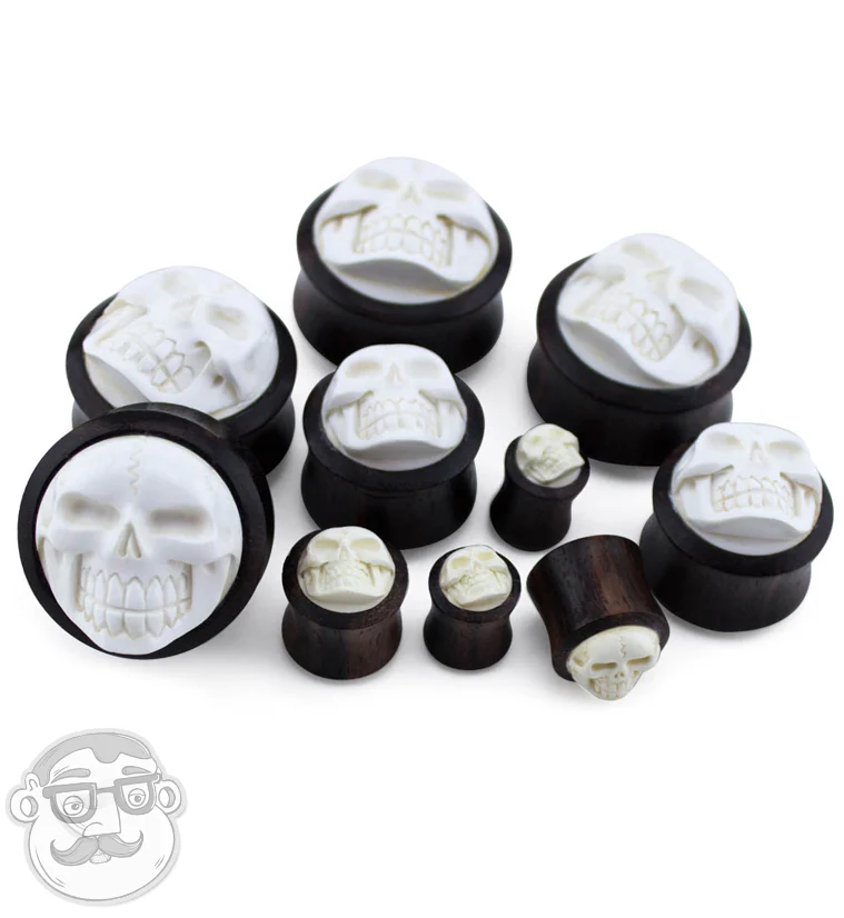 Sono Wood Plugs With Carved Skull Inlay - Mrs Treak