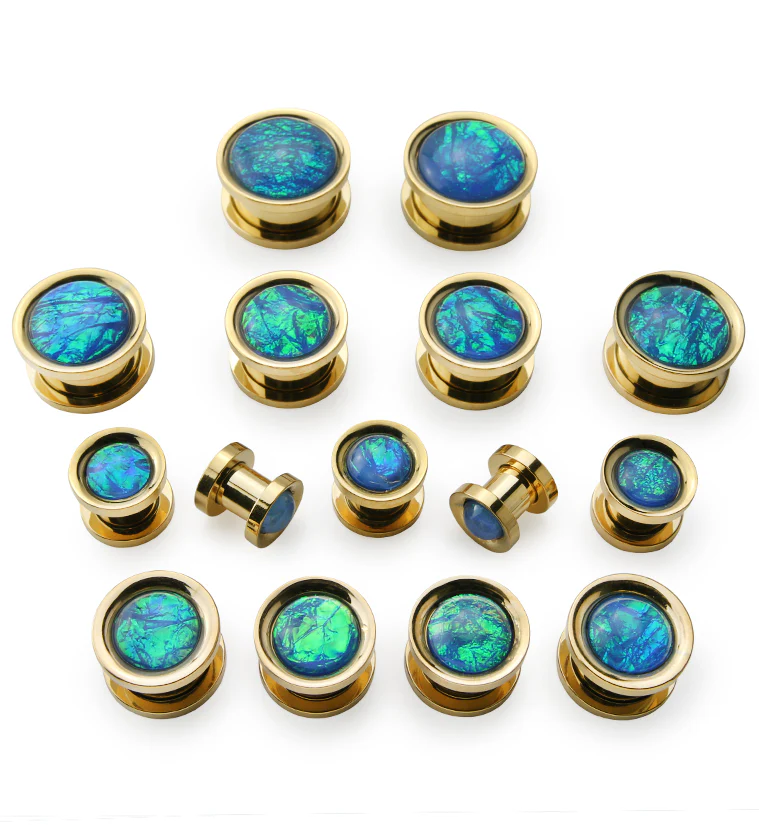 Gold PVD Stainless Steel Blue Opalite Plugs - Mrs Treak
