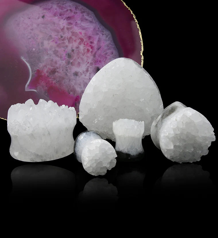 Raw White Quartz Druzy Stone Teardrop Plugs - Mrs Treak
