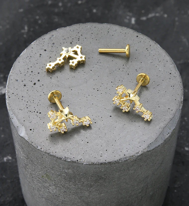 Gold PVD Libra Constellation Clear CZ Stainless Steel Internally Threaded Labret - Mrs Treak