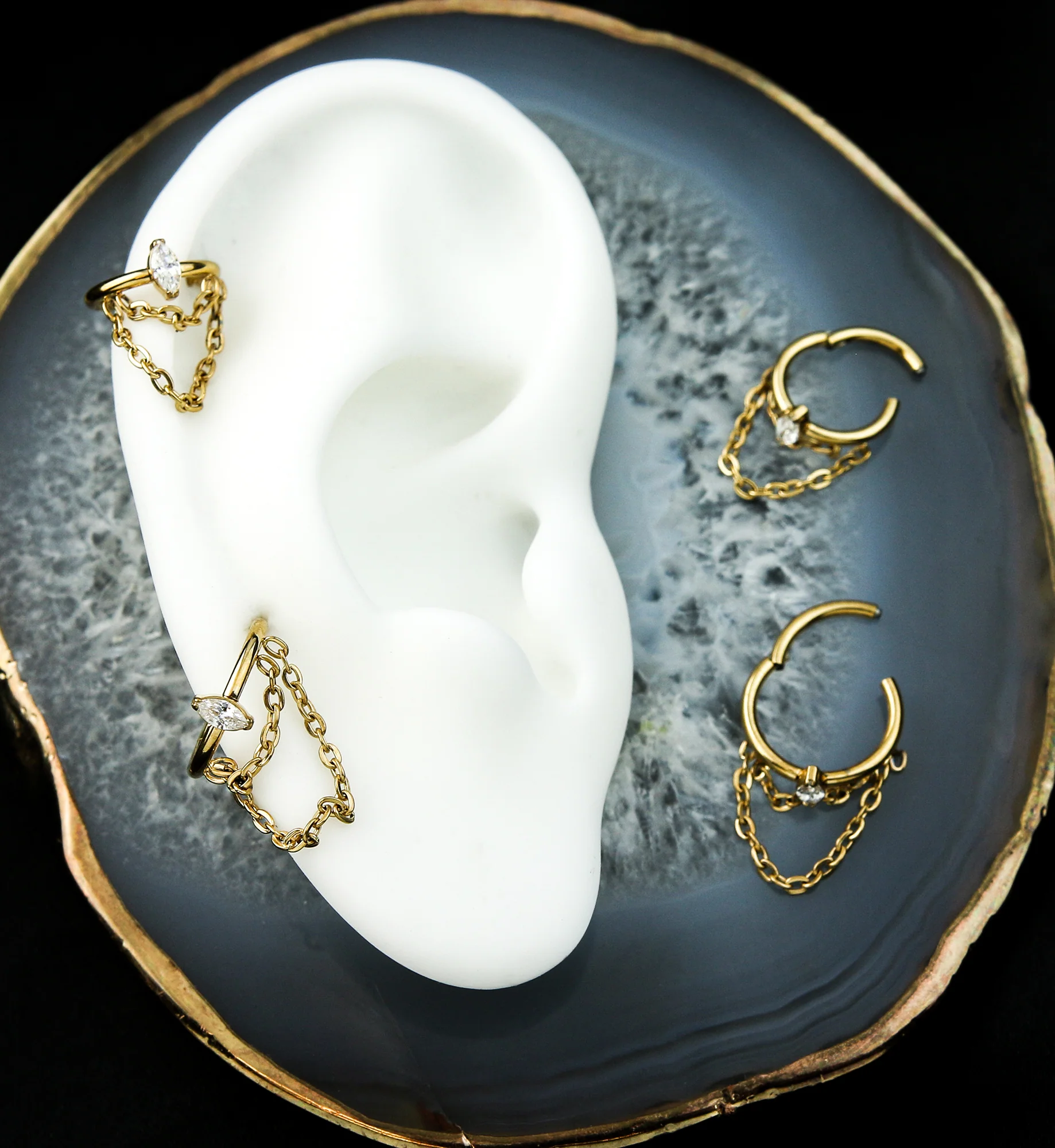 Gold PVD Outward Marquise CZ Double Dangle Chain Stainless Steel Hinged Segment Ring - Mrs Treak