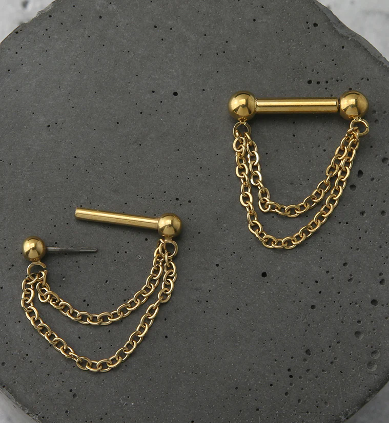 24kt Gold PVD Double Dangle Chain Threadless Barbell - Mrs Treak