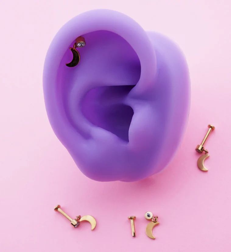 Gold PVD Half Moon Dangle Clear CZ Titanium Internally Threaded Labret - Mrs Treak