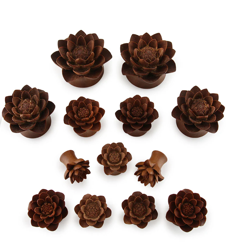 Carved Camellia Flower Wood Plugs - Mrs Treak