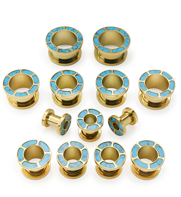 Gold PVD Howlite Turquoise Rim Stainless Steel Tunnel Plugs - Mrs Treak