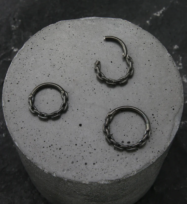 Black PVD Chain Link Stainless Steel Hinged Segment Ring - Mrs Treak