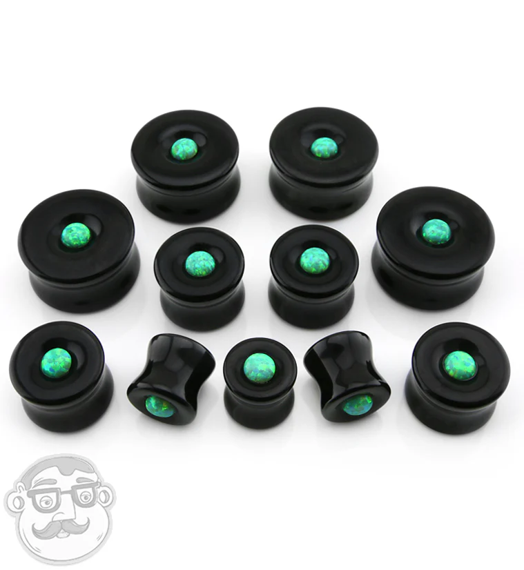 Obsidian Stone Plugs with Micro Green Opal Inlay - Mrs Treak