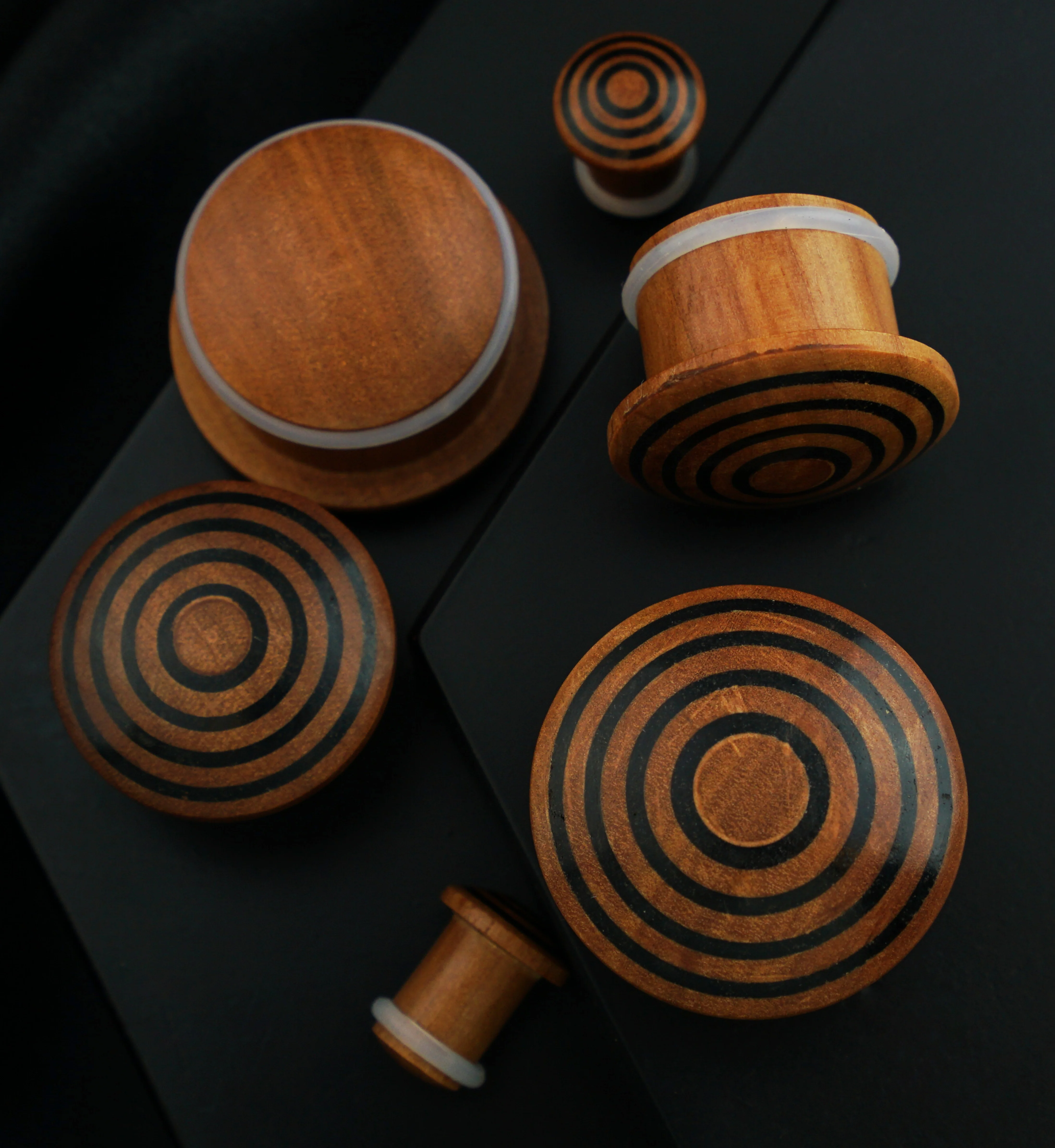 Single Flare Saba Wood Plugs with Triple Target Inlay - Mrs Treak