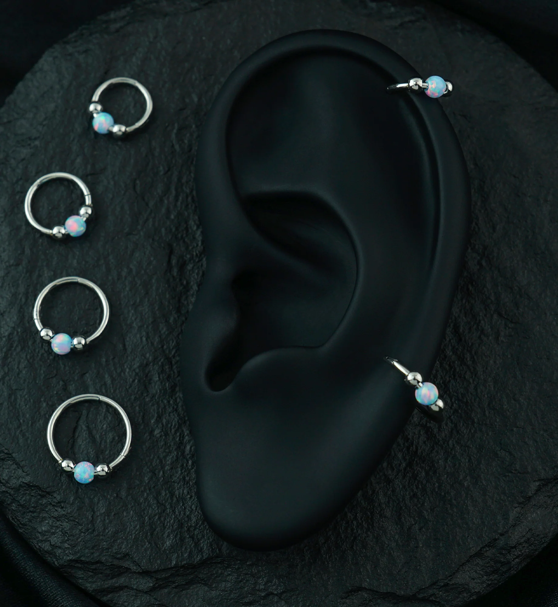 Triple Ball White Opalite Stainless Steel Hinged Segment Ring - Mrs Treak