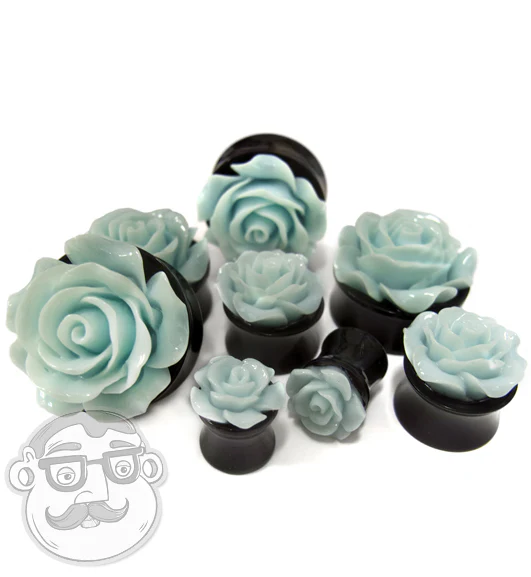 Mint Green Rosebud Black Plugs - Mrs Treak