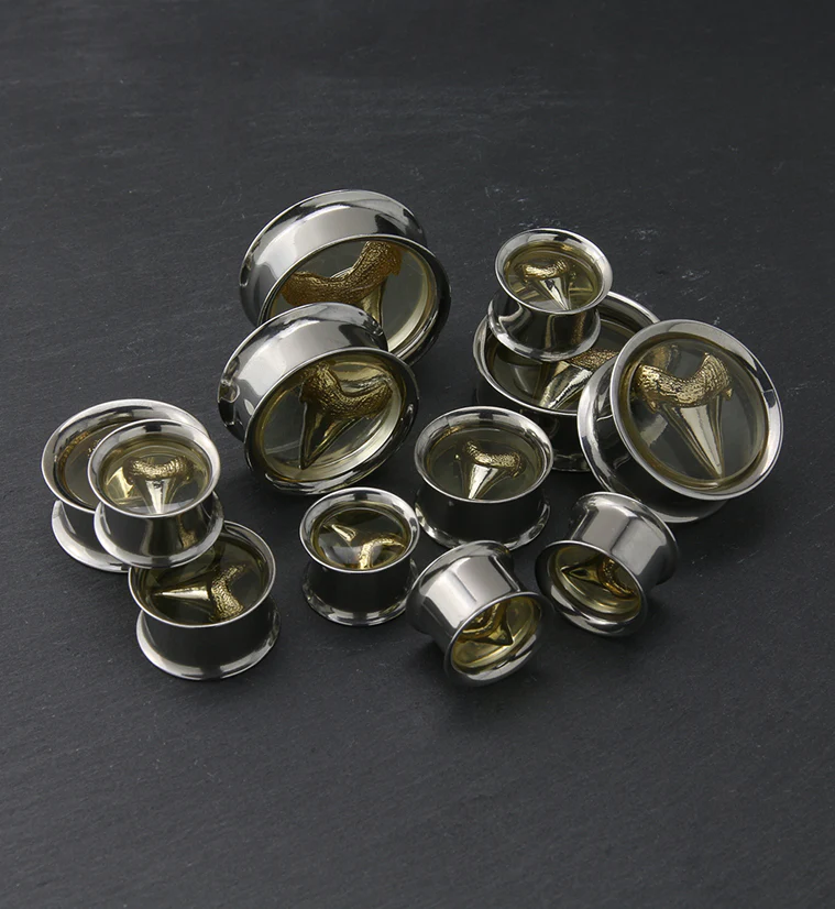 Bronzed Shark Tooth Stainless Steel Tunnel Plugs - Mrs Treak