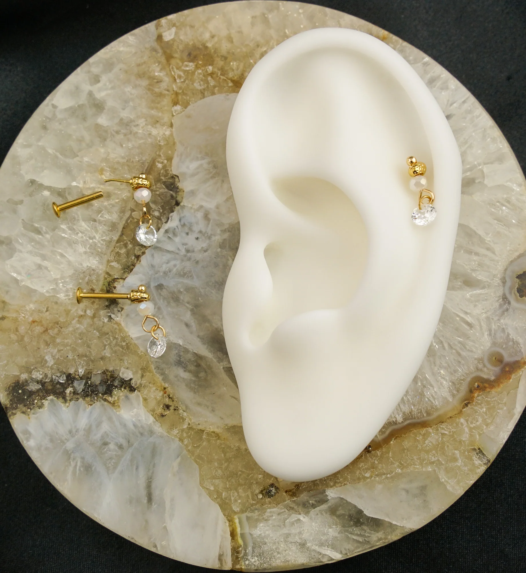 Gold PVD Faceted Bead Clear CZ Dangle Stainless Steel Convex Back Threadless Labret - Mrs Treak