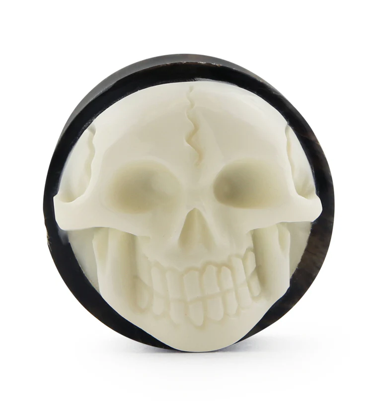 Horn Plugs With Carved Bone Skull Inlay - Mrs Treak
