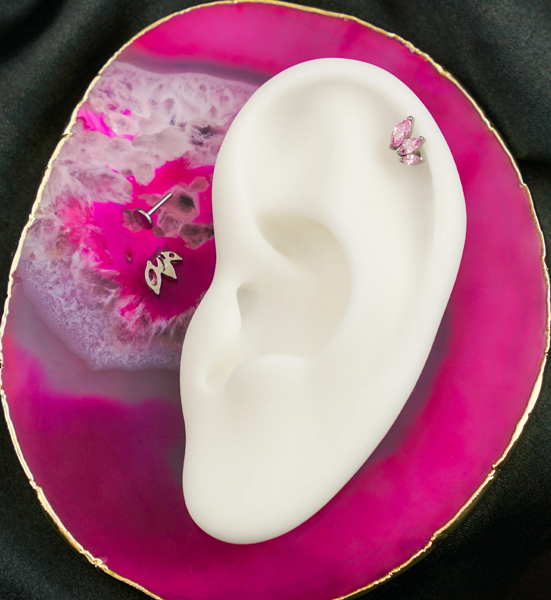 Triple Marquise Pink CZ Titanium Threadless Labret - Mrs Treak