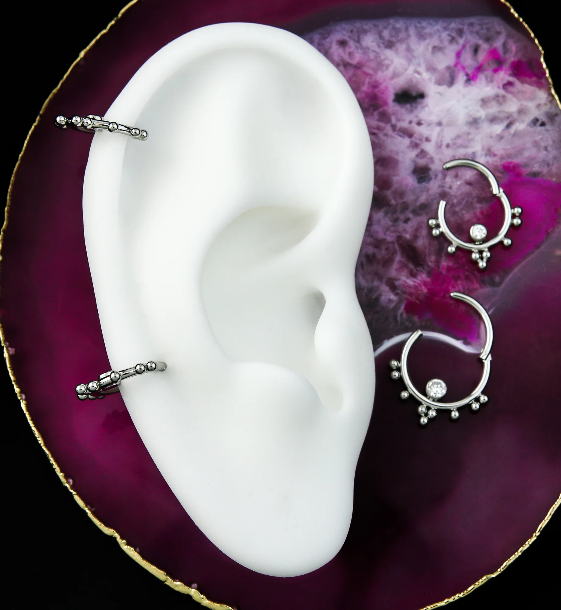 Beaded Cluster Clear CZ Stainless Steel Hinged Segment Ring - Mrs Treak