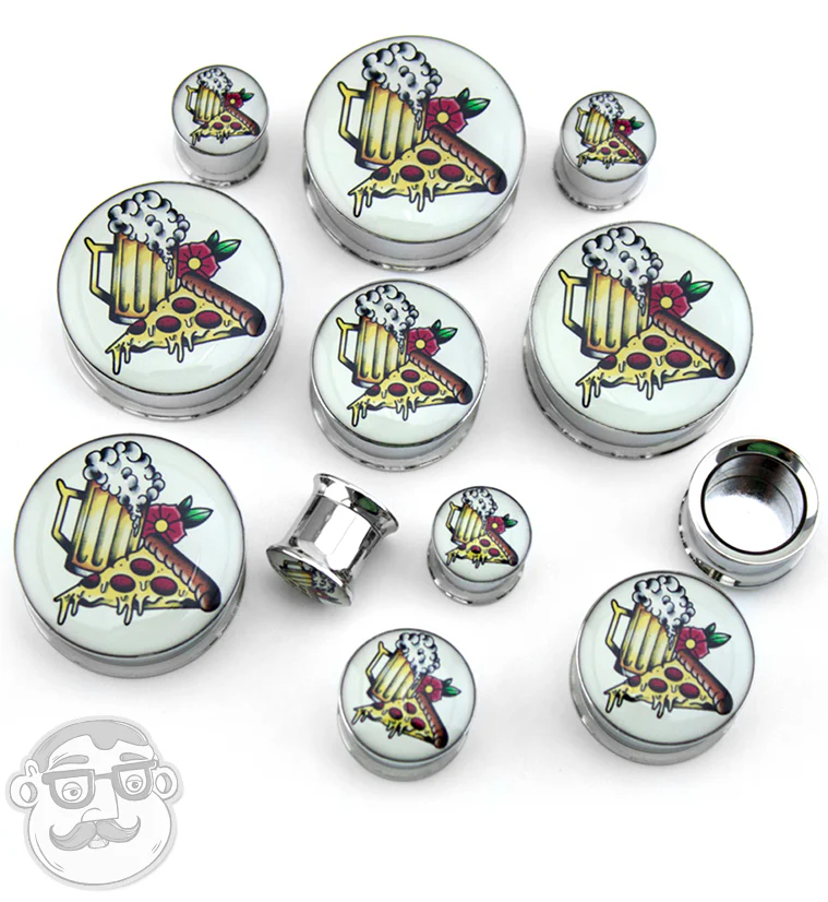 Pizza & Beer Tattoo Steel Plugs - Mrs Treak