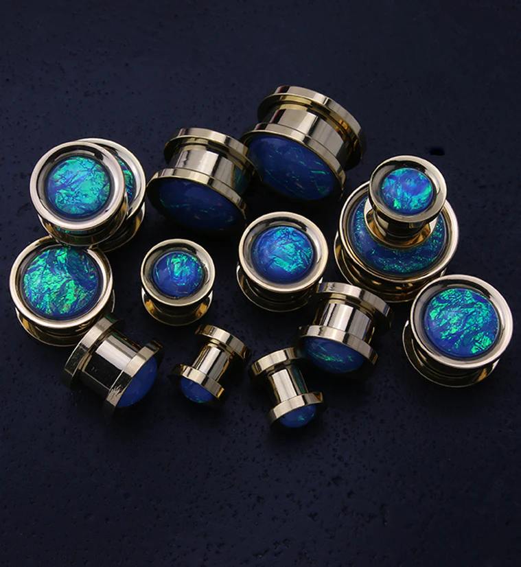 Gold PVD Stainless Steel Blue Opalite Plugs - Mrs Treak
