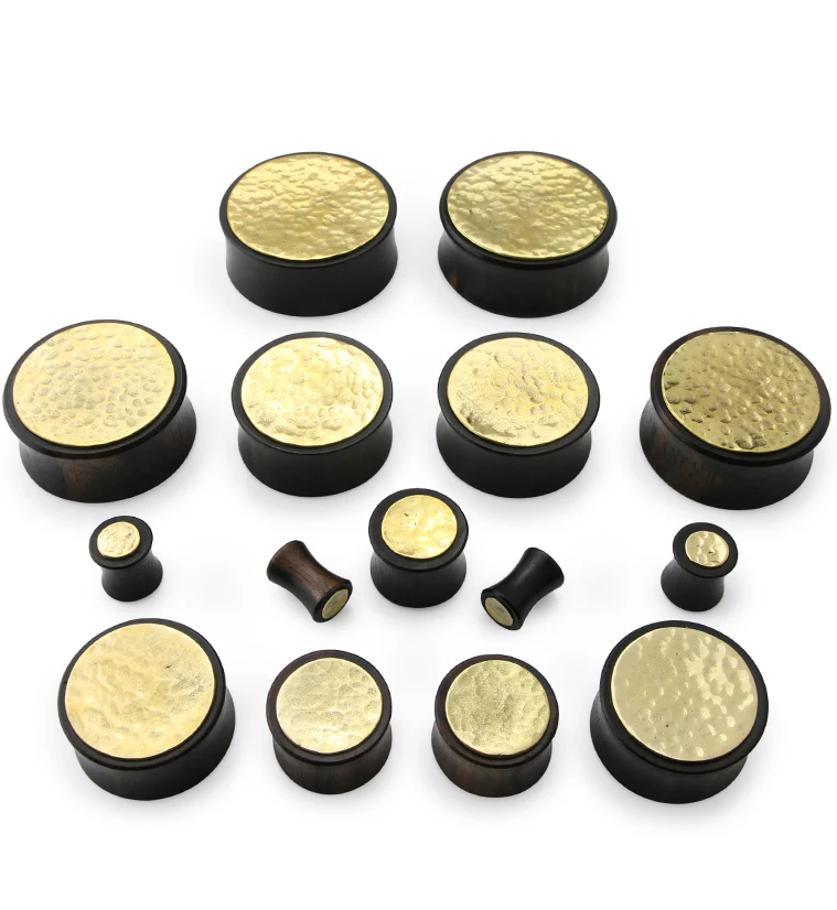 Hammered Brass Inlay Areng Wood Plugs - Mrs Treak