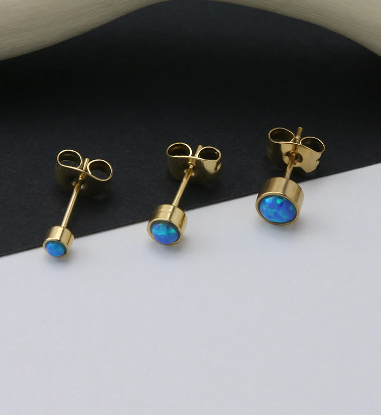 Gold PVD Bezel Blue Opalite Stainless Steel Earrings - Mrs Treak