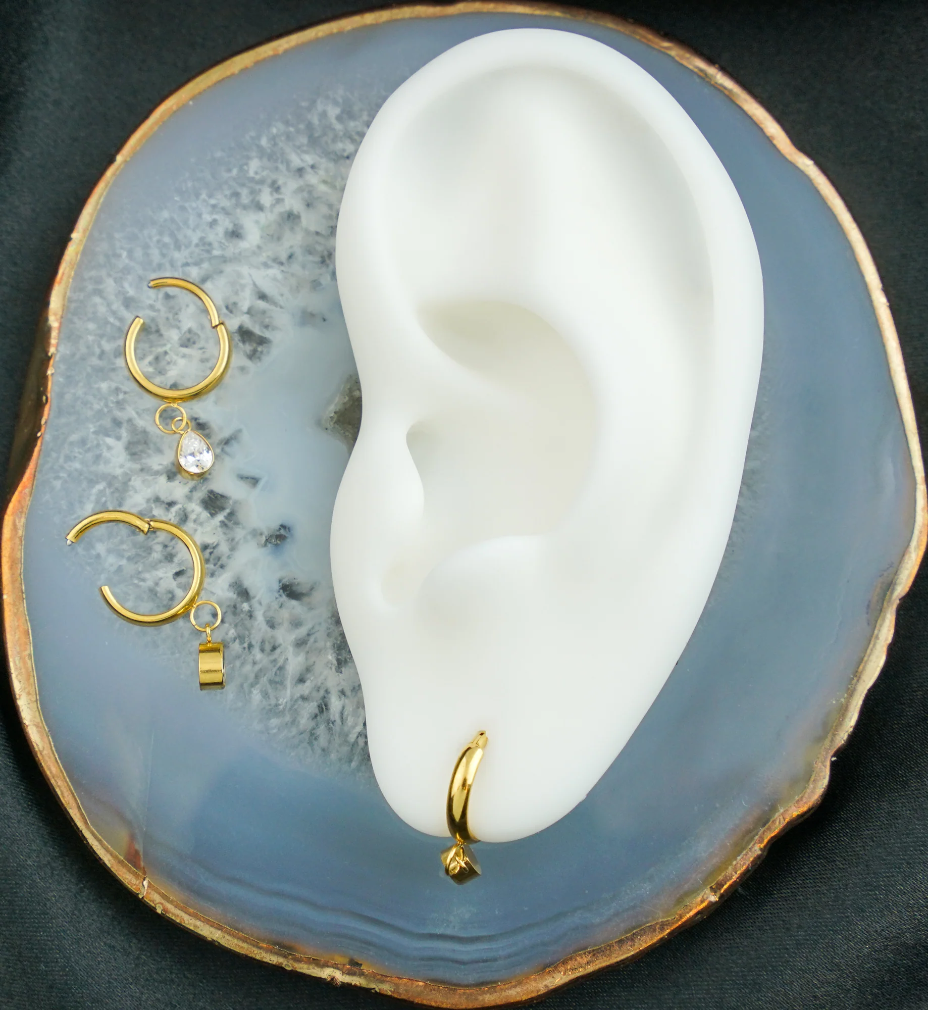 Gold PVD Teardrop Clear CZ Dangle Titanium Hinged Segment Ring - Mrs Treak