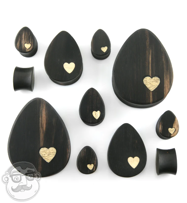 Areng Wood Heart Inlay Teardrop Plugs - Mrs Treak