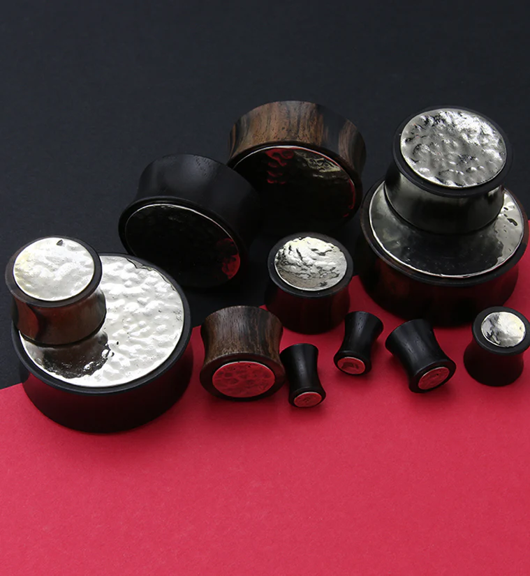 Hammered White Brass Inlay Areng Wood Plugs - Mrs Treak