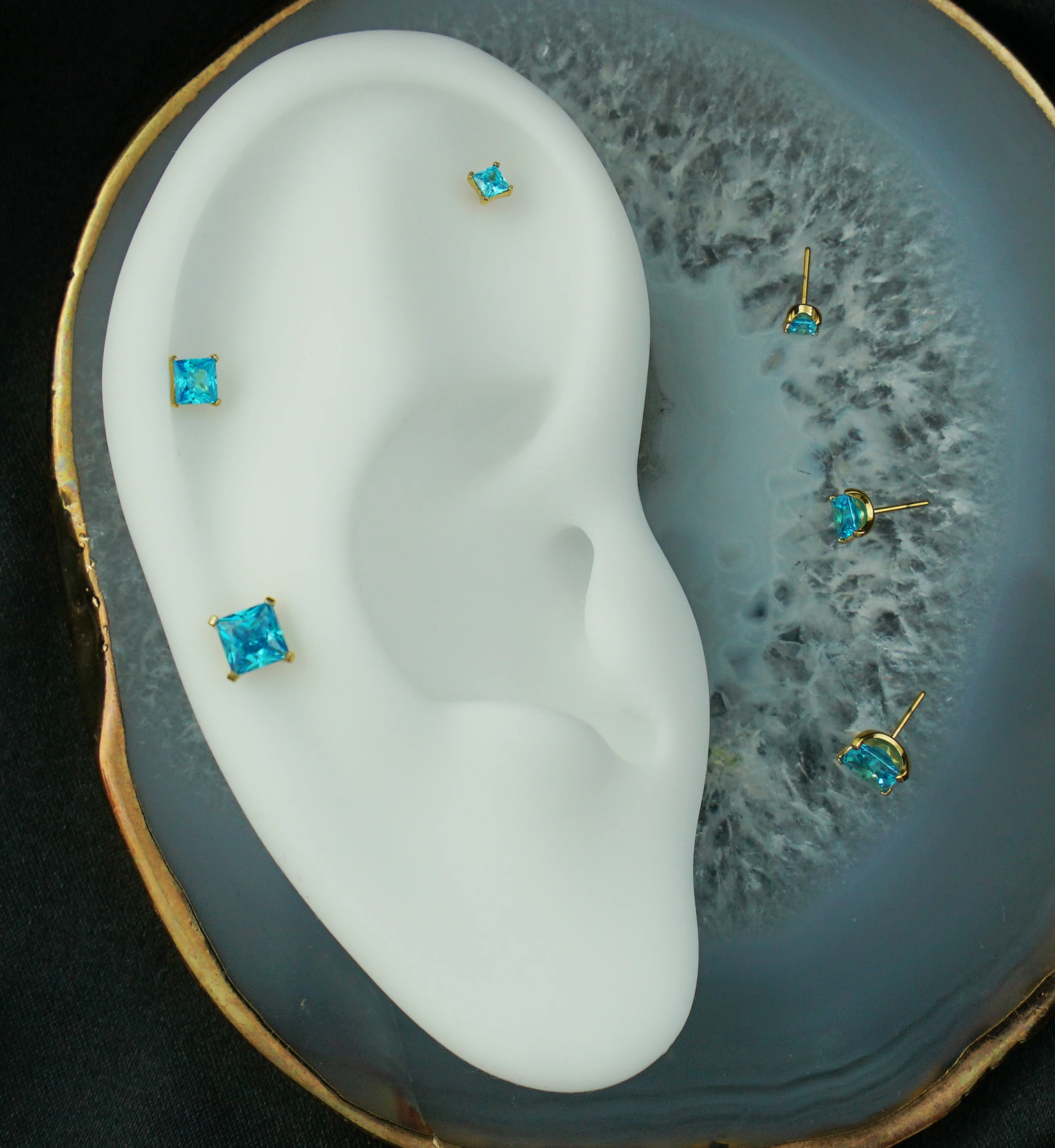 24kt Gold PVD Princess Blue Topaz CZ Threadless Titanium Top - Mrs Treak