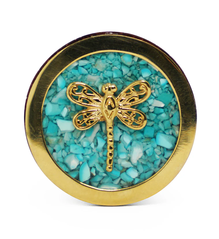 Brass Dragonfly Wood Plugs With Teal Stone Inlay - Mrs Treak