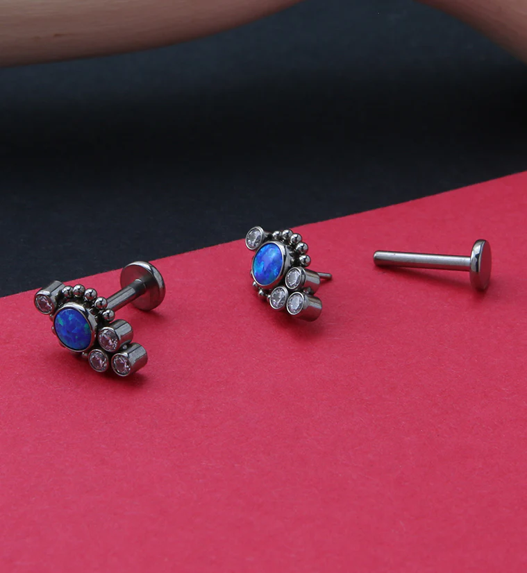 Beaded Rim Blue Opalite Titanium Threadless Labret - Mrs Treak